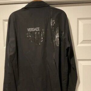 VERSACE Jeans Couture Vintage Signature Mens Black Shiny Logo Dress Shirt Top, L